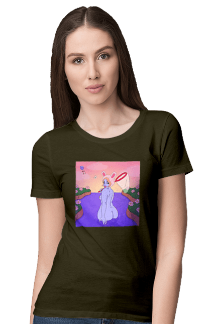 Women`s t-shirt with prints Purple Girl On The Hunt. Girl, naked, net. 2070702