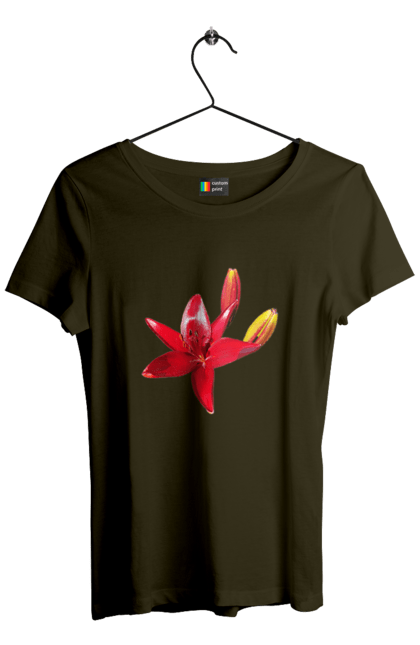 Women`s t-shirt with prints Red lily. Bright, bud, buds, color, flower, lily, nature, red, red flower, red lily, sunny. 2070702
