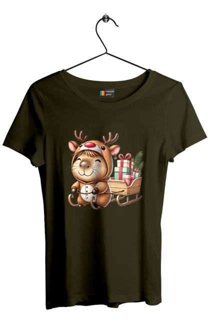 Women's t-shirt with prints Christmas Capybara with a Gift. Animal, capybara, christmas, christmas capybara, gift, holiday, new year, new year`s gift, santa. 2070702