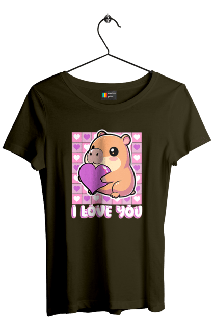 Women`s t-shirt with prints Capybara in love. Capybara, cute animals, hearts, i love you, love, romance, romantic gift, valentine, valentine`s day. 2070702
