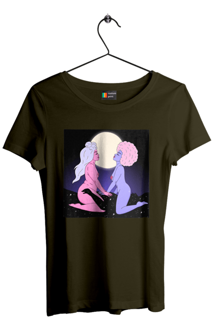 Women`s t-shirt with prints Two Aliens And The Moon. Aliens, from above, girls. 2070702