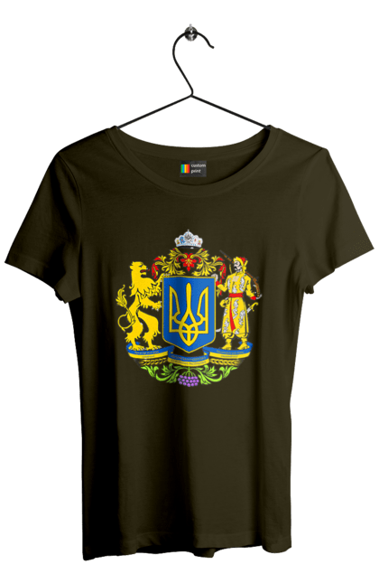 Футболка жіноча з принтом "Герб України". Герб, герб україни, козак, лев, лев і козак, україна. 2070702