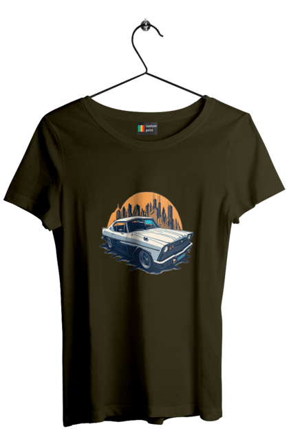 Women`s t-shirt with prints Vintage car image. Car, city, vintage image. 2070702