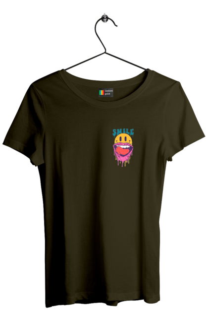 Футболка жіноча з принтом "Літній смайл". Брутальний смайл, весела пика, жарко, комп`ютерна посмішка, людина з посмішкою, пика, посмішка, смайл, смайлик, усміхнена пика. 2070702