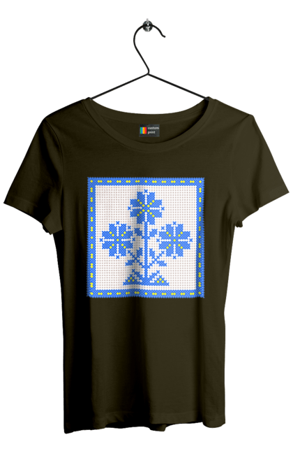 Футболка жіноча з принтом "Жовто блакитна вишивка квіти". Вишивка, вишивка хрестиком, квіти, символ україни, традиції україни, україна. 2070702