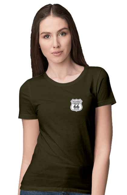 Women`s t-shirt with prints Route 66. Bike, biker, biker club, bikers club, brother, brutal, dude, hot asphalt, hot horse, hot rod, motorcycle, motorcyclist, real man, road 50, road 66, road 80, roads of america, roads of ukraine, roads we choose, speed, take, thirst for speed. 2070702