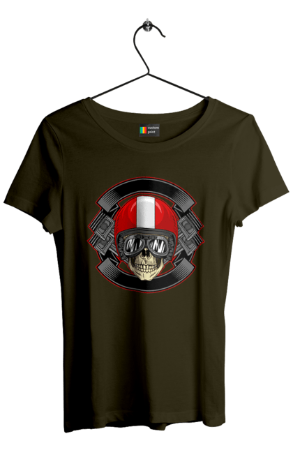 Women`s t-shirt with prints skull motorcyclist. Helmet, motorcyclist \, skull. 2070702