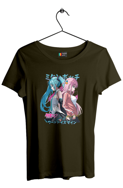 Women's t-shirt with prints Hatsune Miku and Hitori Gotou. Anime, bocchi the rock, hatsune miku, hitori goto, hitori gotou, lonely rocker, miku, rocker, vocaloid. 2070702