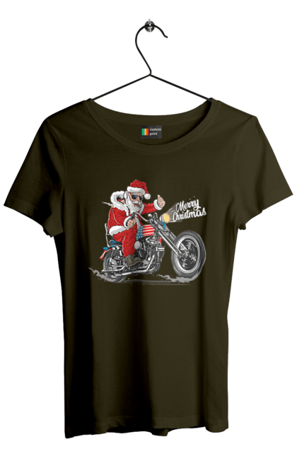 Футболка жіноча з принтом "Санта в окулярах на мотоциклі". Байкер, дід мороз, зима, мотоцикл, новий рік, різдво, санта, санта клаус, сніг, щасливого різдва. 2070702
