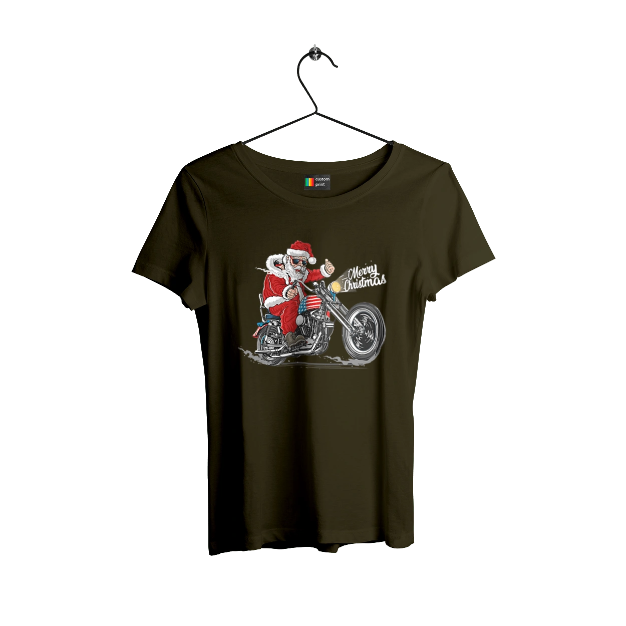 Santa in glasses on a motorcycle