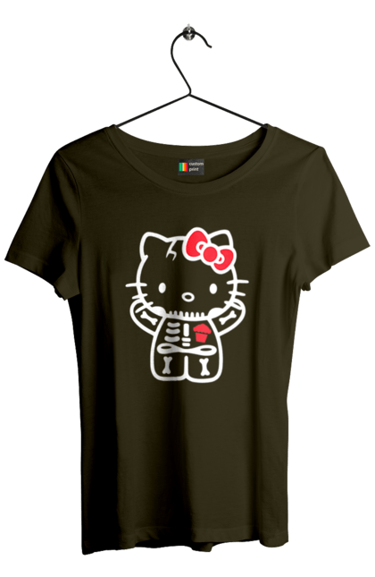 Women's t-shirt with prints Hello Kitty Halloween. Brand, character, halloween, hello kitty, kitten, kitty, skeleton, zombie. 2070702