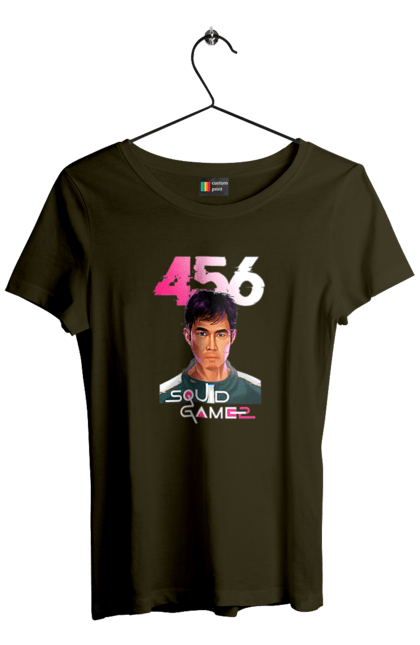 Футболка жіноча з принтом "Гра в кальмара Сон Гі Хун". 456, netflix, seong gi-hun, squid game, гра в кальмара, гравець 456, нетфлікс, серіал, сон гі хун. 2070702
