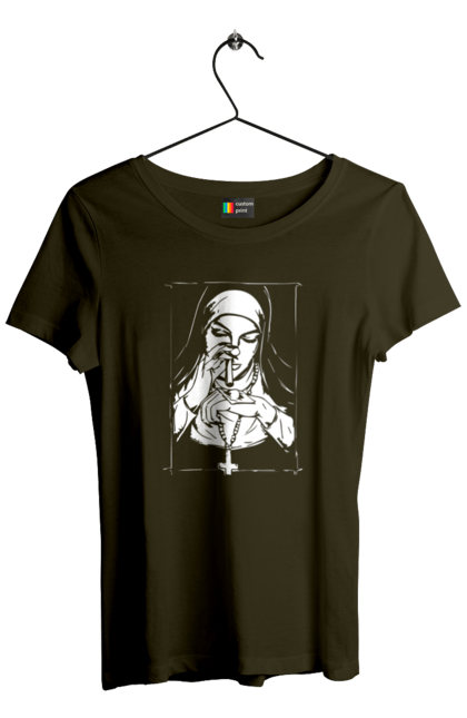 Футболка жіноча з принтом "Монашка нюхає порошок". Крута, метал, модна, молодіжна, популярна, рок, хрест, черниця, черниця нюхає порошок. 2070702