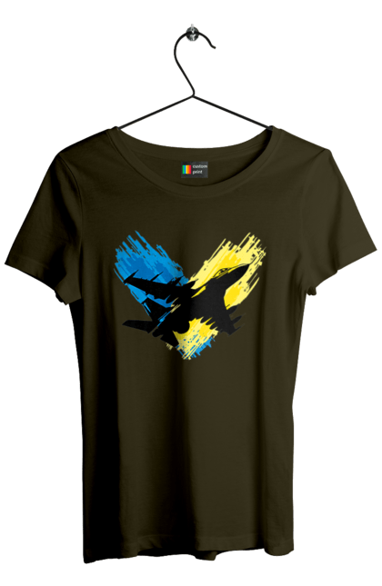 Футболка жіноча з принтом "Літак F 16". З прапором, зсу, літак, літак f16, патріотична, прапор, ф16. 2070702