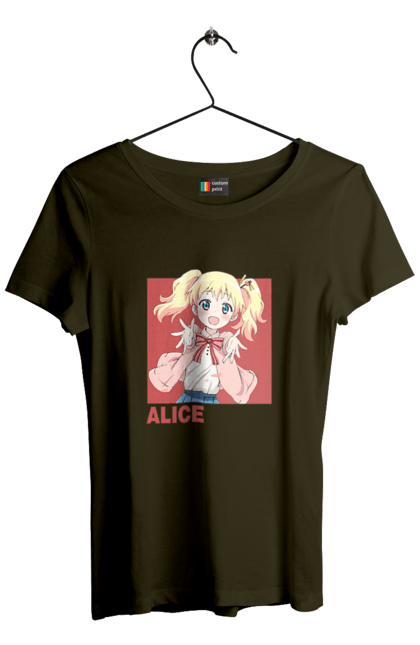 Футболка женская с принтом Золотая мозаика Алиса Картелет. Alice cartelet, anime, kiniro mosaic, kinmoza, manga, алиса, алиса картелет, аниме, золотая мозаика, манга. 2070702