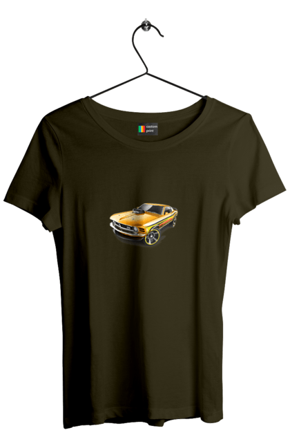 Футболка жіноча з принтом "Форд мустанг". Американська легенда, жовтий мустанг, культове авто, мустанг, потужне авто, форд мустанг, шелбі. 2070702