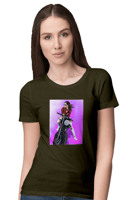 Футболка жіноча з принтом "Дівчина Байкер". Байк, байкер, гонка, дівчина, мото, мотор, мотоцикл, поїздка, стиль, стиль життя. 2070702