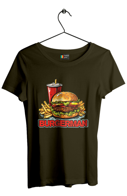 Футболка жіноча з принтом "Burgerman". Бургер, для чоловіків, їжа, літні, макдональдс, прикольні, трендові, фаст фуд, чоловічі. 2070702