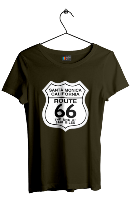 Women`s t-shirt with prints Route 66. Bike, biker, biker club, bikers club, brother, brutal, dude, hot asphalt, hot horse, hot rod, motorcycle, motorcyclist, real man, road 50, road 66, road 80, roads of america, roads of ukraine, roads we choose, speed, take, thirst for speed. 2070702