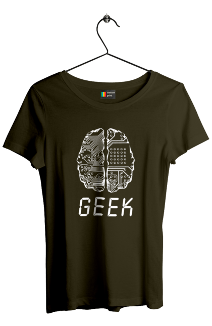 Футболка жіноча з принтом "Гик Мозок". Айті, айтішник, гик, знання, інженер, кібер, кібернетика, кіборг, код, комп, комп’ютерник, кристал, мікросхема, мозок, програміст, професіонал, професссія, розробник, розум, чіп. 2070702
