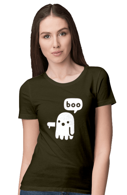 Футболка женская с принтом BOO (язык программирования). Айти, программа, программист, техническое задание, транслятор boo, трехмерные приложения, ты ж программист, фрилансер, язык программирования. 2070702