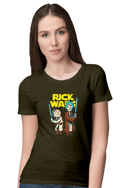 Women's t-shirt with prints Rick and Morty. Adventures, black humor, cartoon, rick, rick and morty, sci-fi, star wars, tragicomedy. 2070702