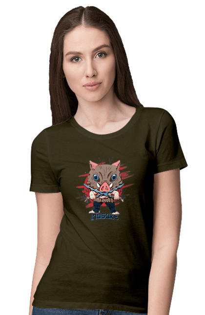 Women's t-shirt with prints Demon Slayer Inosuke. Anime, demon slayer, inosuke, inosuke hashibira, kimetsu no yaiba, manga. 2070702