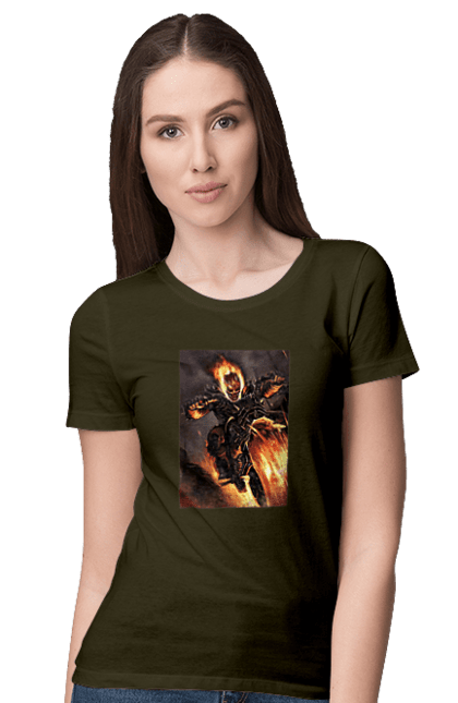 Women`s t-shirt with prints Hell Racer. Chopper, fire, hell racer, motorcycle, skeleton. 2070702