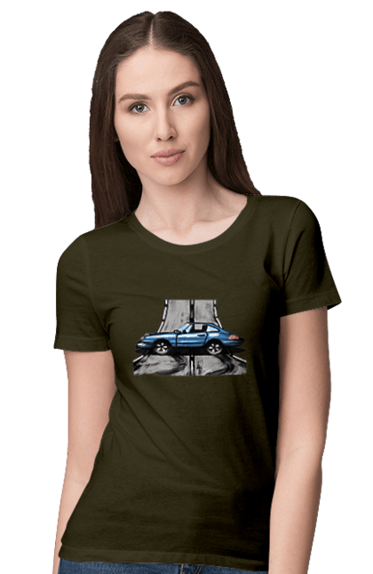 Women`s t-shirt with prints Sports Car On The Road. Blue, car, fast, race, sports. 2070702