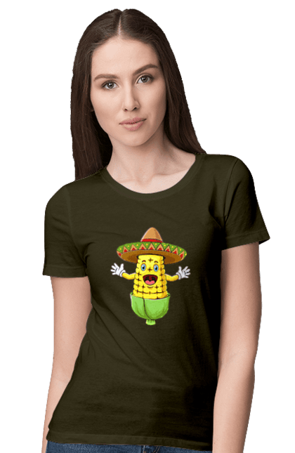 Women`s t-shirt with prints Sombrero Corn. Corn, food, sombrero. 2070702