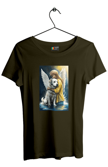Футболка жіноча з принтом "Дівчинка та собака ангел [память загиблим тваринам]". Дівчинка та собака, крим, нова каховка, память загиблим тваринам, собака ангел, україна, херсон. 2070702
