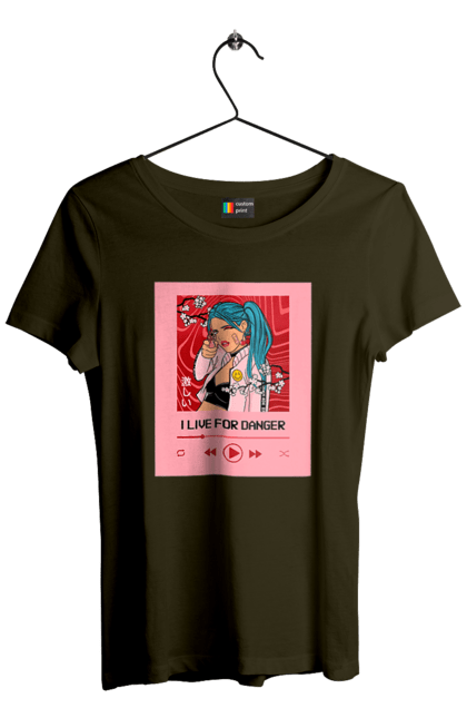 Women`s t-shirt with prints I Live For Danger. Anime, music, pistol, turntable. 2070702