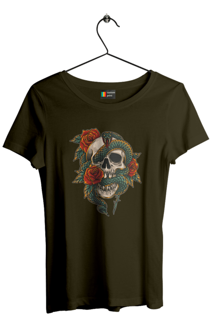 Women's t-shirt with prints Skull with a snake. Bones, flowers, roses, scales, scull, snake, spikes, teeth. 2070702