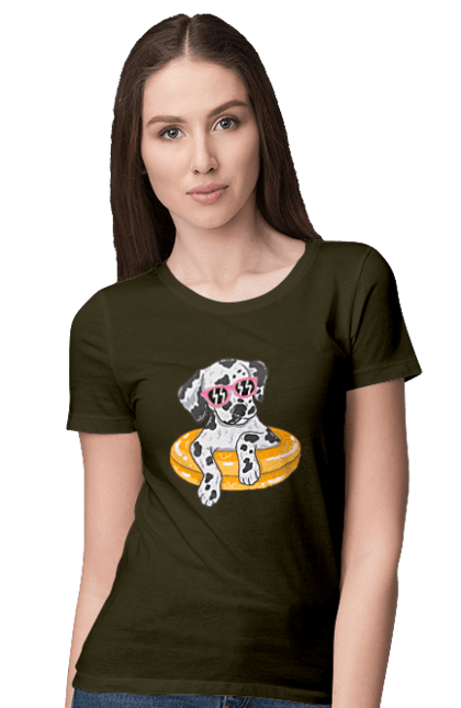 Women`s t-shirt with prints Dalmatian Swims In A Circle. Dalmatian, dog, glasses, to swim. 2070702