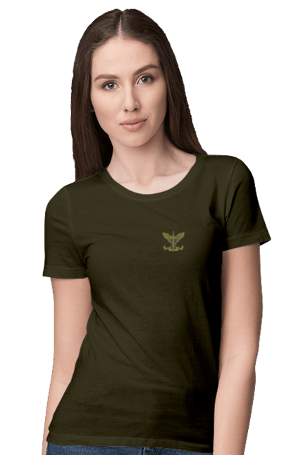 Women`s t-shirt with prints Airborne assault troops of Ukraine. Army, emblem, khaki, military, soldiers. 2070702