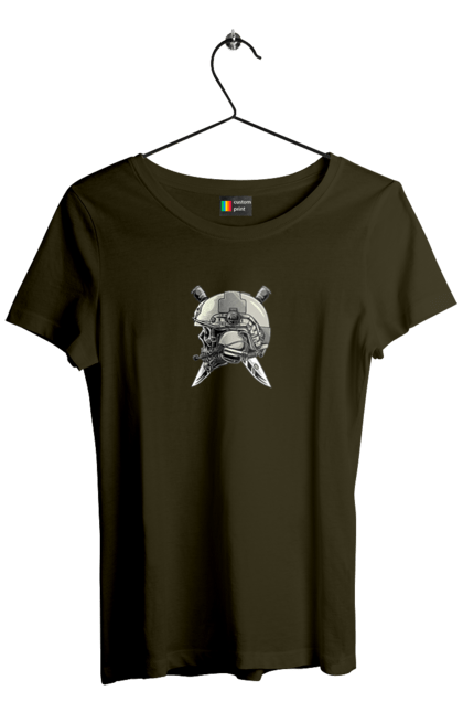 Women`s t-shirt with prints Pilot`s skull. Defender, helmet, military, pilot, skull, than. 2070702