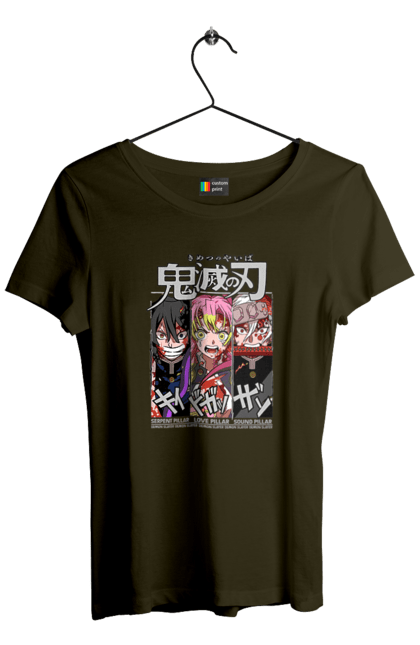 Women's t-shirt with prints Demon Slayer Obanai Mitsuri Tengen. Anime, demon slayer, iguro, kimetsu no yaiba, manga, mitsuri, obanai, tengen. 2070702