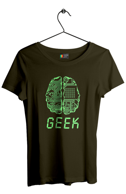 Футболка жіноча з принтом "Гик Мозок Неоновий". Айті, айтішник, гик, друкована плата, зелений, знання, інженер, кібер, кібернетика, кіборг, код, комп, комп’ютерник, кристал, мікросхема, мозок, неон, неоновий, програміст, професіонал, професія, розробник, розум, світиться, світло, чіп. 2070702