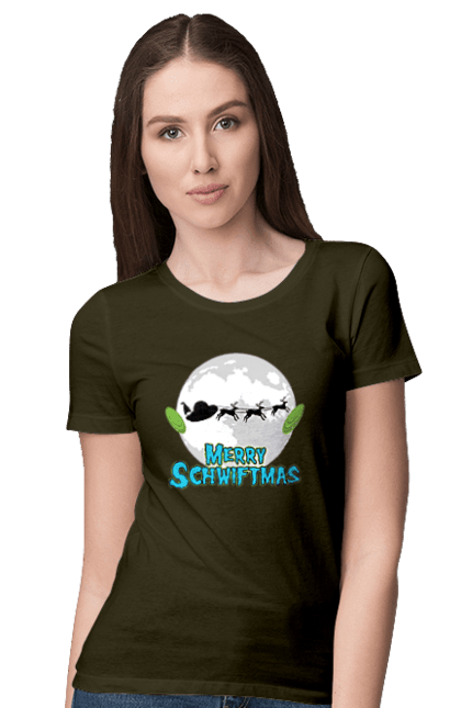 Women`s t-shirt with prints Rick and Morty Merry Christmas!. Adventures, black humor, cartoon, christmas, merry christmas, rick, rick and morty, santa claus, sci-fi, tragicomedy. 2070702
