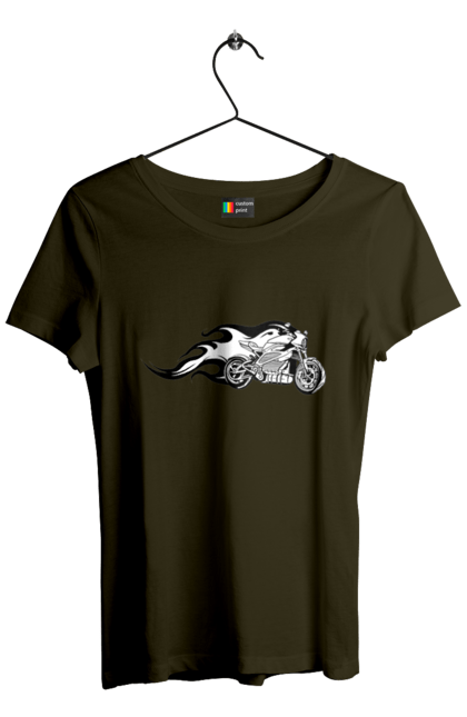 Футболка жіноча з принтом "Мотоцикл Вогонь". Мото, мотоцикл, огонь. 2070702