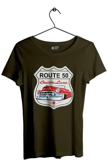 Women`s t-shirt with prints Route 50. Bike, biker, biker club, bikers club, brother, brutal, dude, hot asphalt, hot horse, hot rod, motorcycle, motorcyclist, real man, road 50, road 66, road 80, roads of america, roads of ukraine, roads we choose, speed, take, thirst for speed. 2070702
