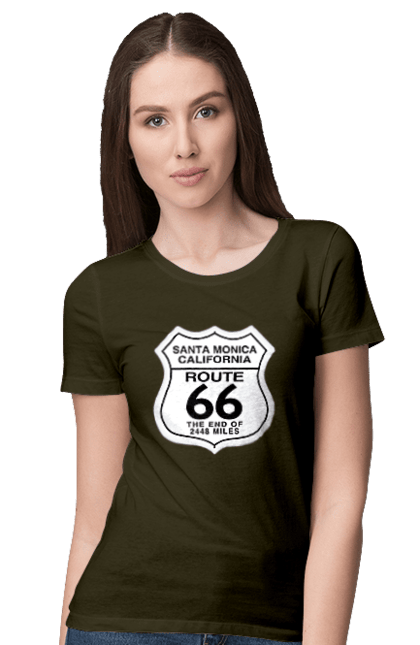 Women`s t-shirt with prints Route 66. Bike, biker, biker club, bikers club, brother, brutal, dude, hot asphalt, hot horse, hot rod, motorcycle, motorcyclist, real man, road 50, road 66, road 80, roads of america, roads of ukraine, roads we choose, speed, take, thirst for speed. 2070702