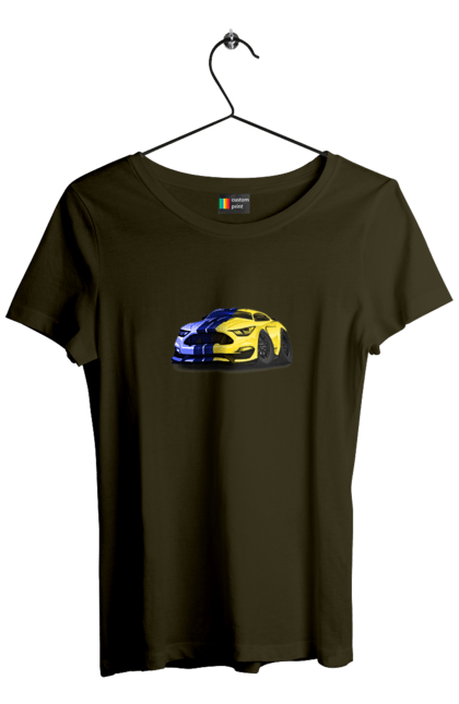 Women`s t-shirt with prints Ukrainian mustang. Colors of ukraine, ford mustang, machine, mustang, shelby, supercar, yellow blue car. 2070702