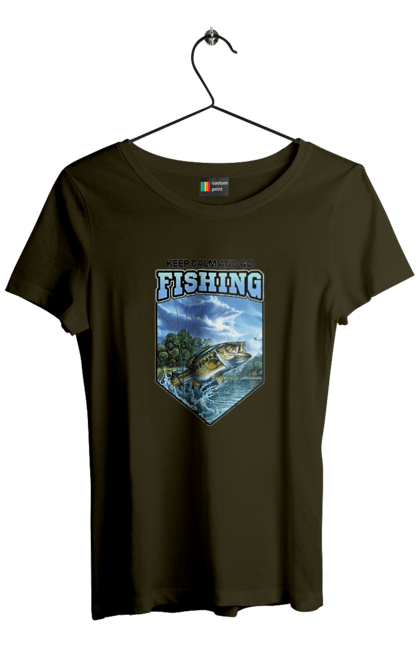 Футболка жіноча з принтом "Keep Calm and Go Fishing". Відпочинок на природі, для рибалок, для чоловіків, мисливці та риболови, природа, рибалка, риболовля, спінінг, хоббі. 2070702