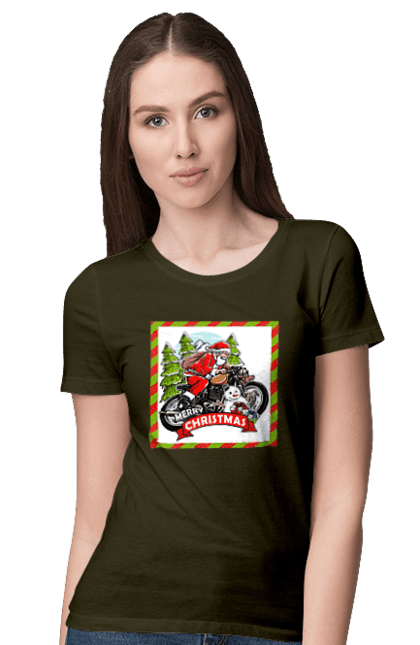 Women`s t-shirt with prints Santa on a motorcycle. Christmas, motorcycle, new year, presents, santa, snowman, tree. 2070702