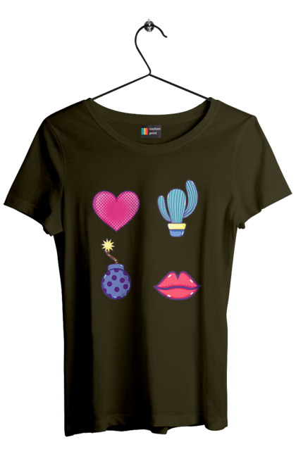 Women`s t-shirt with prints Heart, Cactus, Bomb, Lips. Bomb, cactus, lips. 2070702