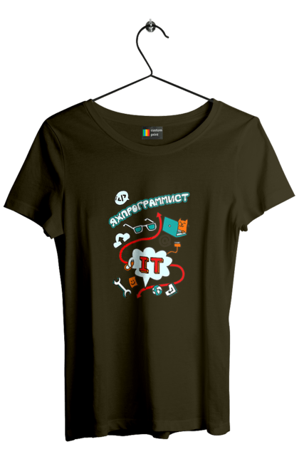 Футболка жіноча з принтом "Яжпрограміст". Angular, c, css, html, it, javascript, jquery, php, python, react, svelt, vue, айтишник, айті, гумор, код, кодувати, прогер, програміст, програмісти, ти ж, ти ж програміст, тиж програміст. 2070702