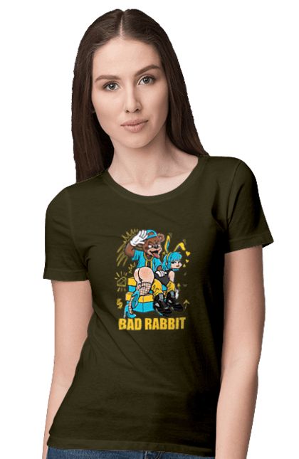 Women`s t-shirt with prints Bad rabbit. Bad bunny, bdsm, bear, cool, funny, rabbit, young woman. 2070702