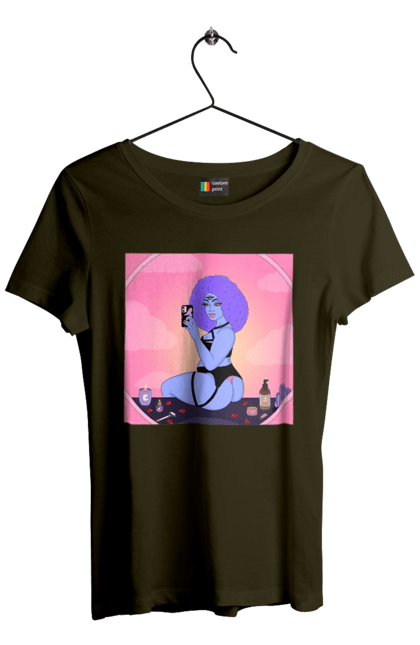 Women`s t-shirt with prints Purple Girl Photo In The Mirror. Mirror, whiteness. 2070702