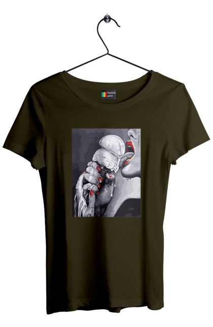 Women`s t-shirt with prints Taste of popsicles. Appetizing popsicle, ice cream flavor, licks tongue, she licks, taste of popsicles. 2070702